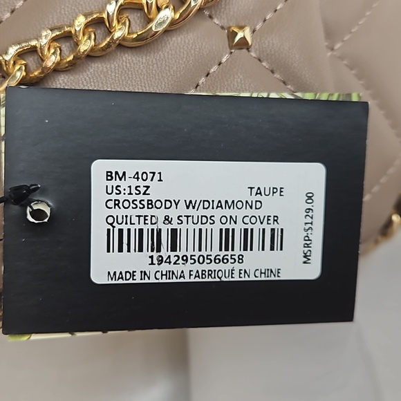 Badgley Mischka Crossbody Diamond Quilted Studded Taupe gold chain NWT - Picture 5 of 6